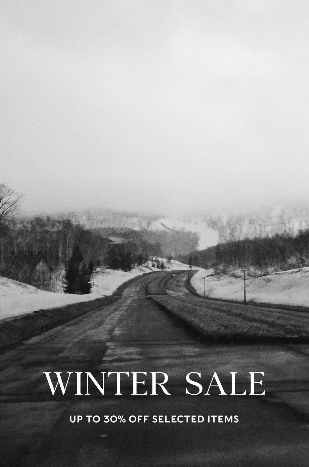 Winter road scene with snow and trees, featuring a winter sale text overlay.