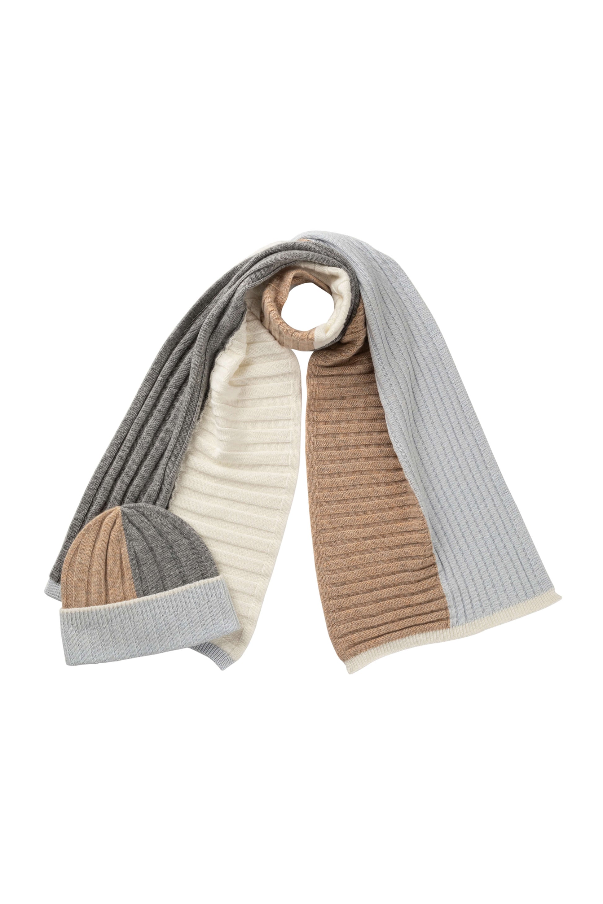 Johnstons of Elgin AW24 Knitted Accessory Ice Blue & Luna & Light Grey & Oatmeal Colour Block Cashmere Scarf HAA03403Q24498ONE