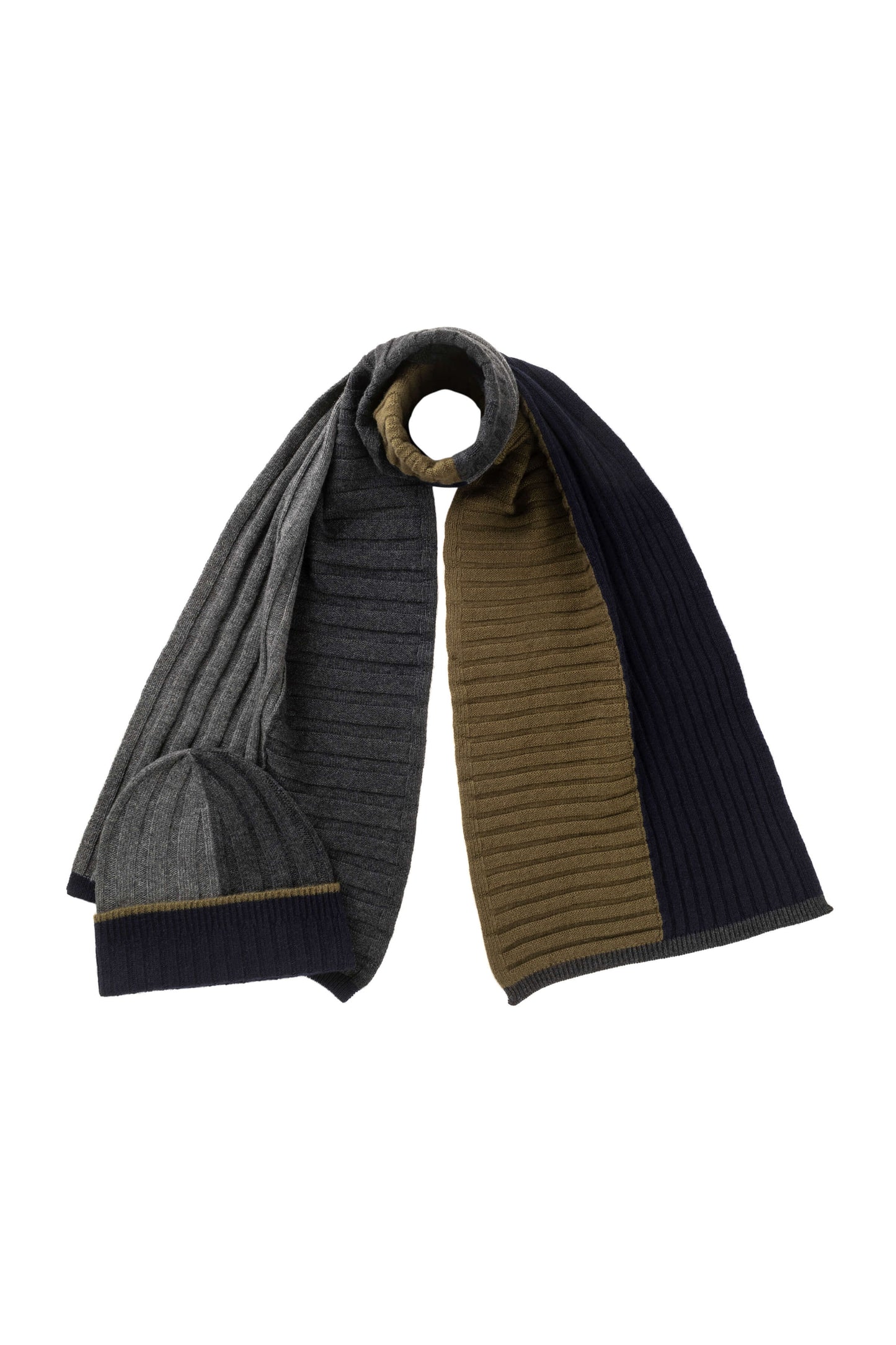 Johnstons of Elgin AW24 Knitted Accessory Dark Navy & Charcoal & Mid Grey & Olive Colour Block Cashmere Gift Set HAA03403Q24496ONE