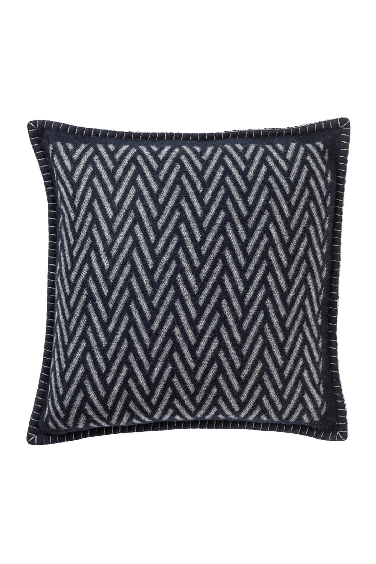 Johnstons of Elgin’s Navy & Mid Grey Herringbone Jacquard Cushion on white background PB000059RU6978ONE