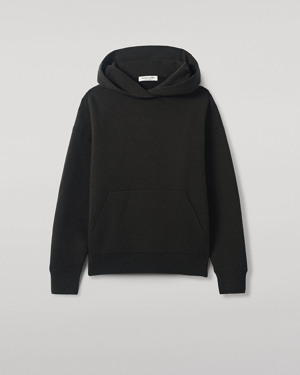 Johnstons of Elgin AW25 Women's Knitwear Iron & Black Double-Face Black Cashmere Hoodie close up  KBA01034Q25336