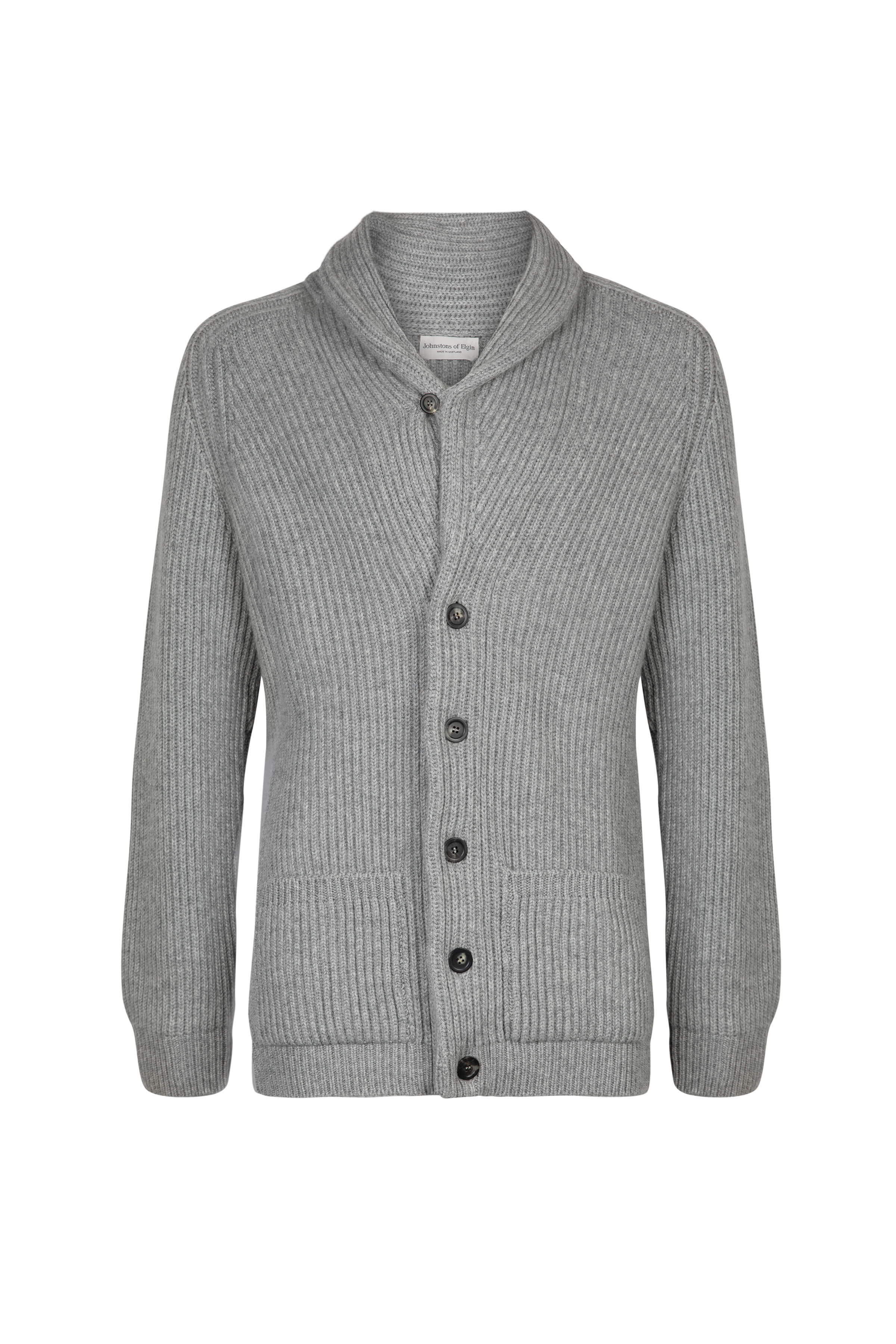 Men s Grey Cashmere Ribbed Shawl Collar Cardigan Johnstons of Elgin