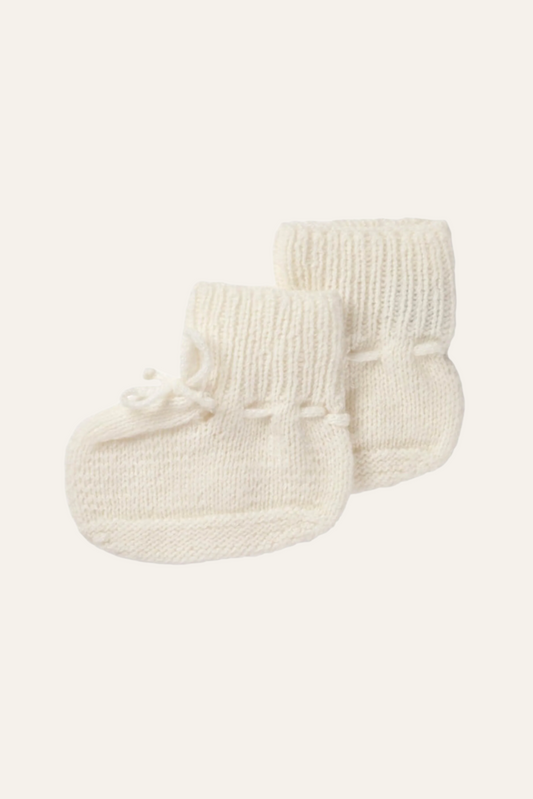 Johnstons of Elgin Hand Knitted Cashmere Baby Booties in Ecru on white background 61711SA0132ONE