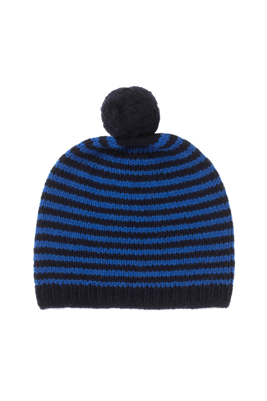 Johnstons of Elgin Stripy Hand Knitted Children's Cashmere Bobble Hat in Navy & Bright Blue on white background 76197ZZZ107ONE