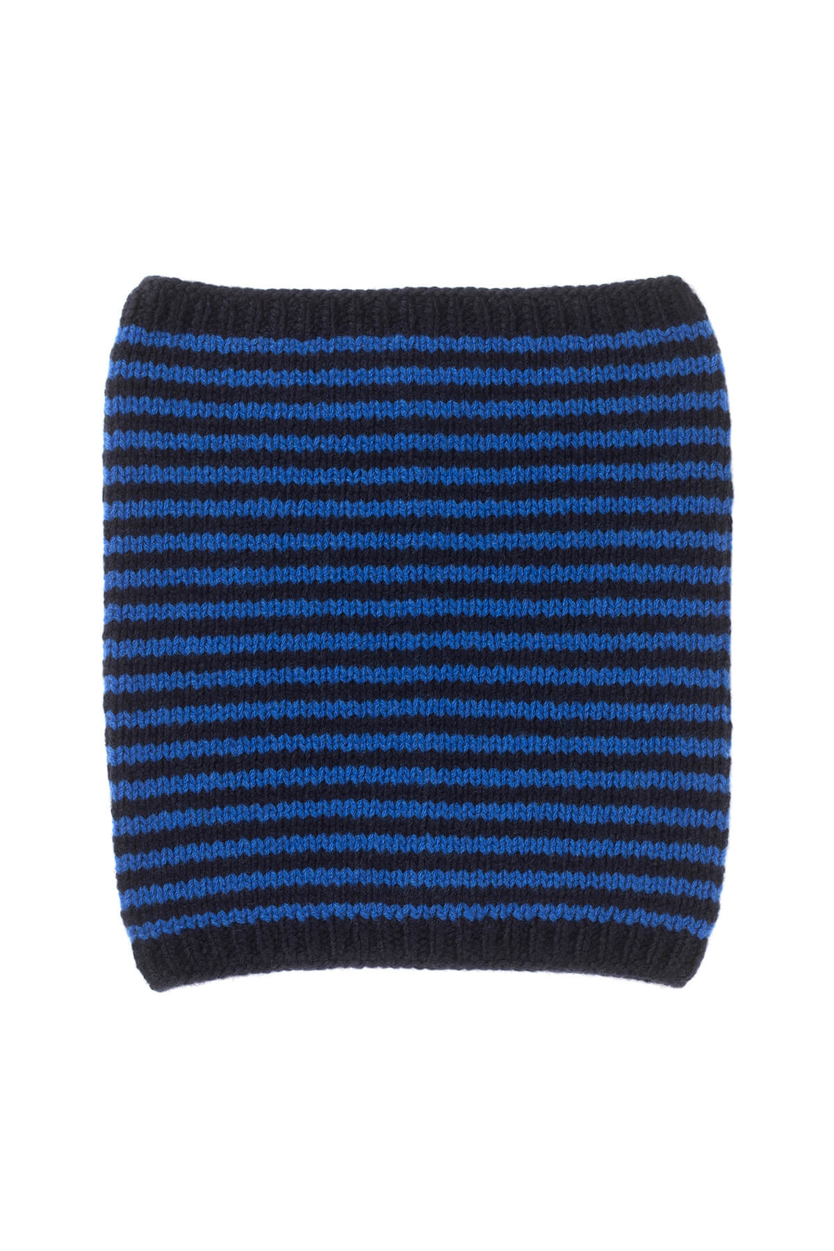 Johnstons of Elgin Stripy Hand Knitted Children's Cashmere Snood in Navy & Bright Blue on white background 76198ZZZ107ONE