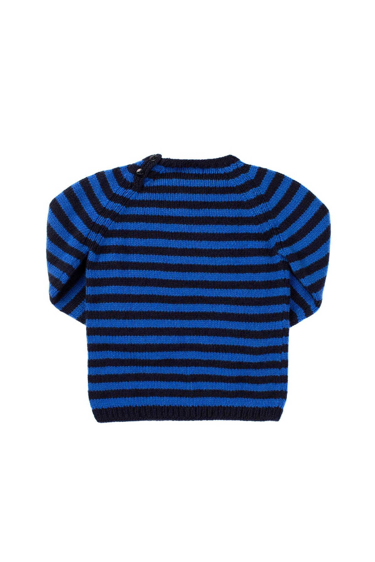 Back of Johnstons of Elgin Stripy Hand Knitted Children's Cashmere Jumper in Navy & Bright Blue on white background 76199ZZZ107