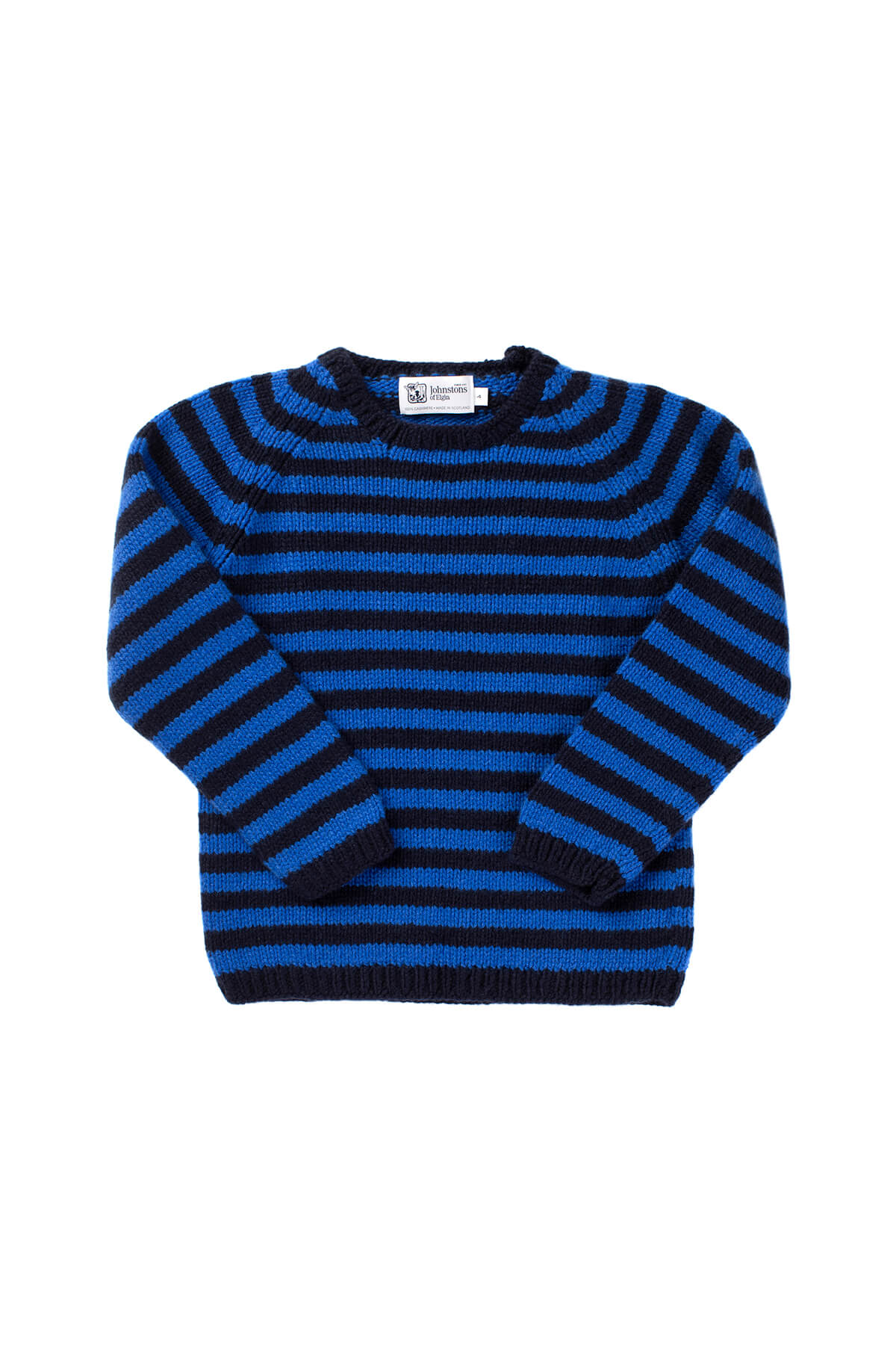 Johnstons of Elgin Stripy Hand Knitted Children's Cashmere Jumper in Navy & Bright Blue on white background 76199ZZZ107