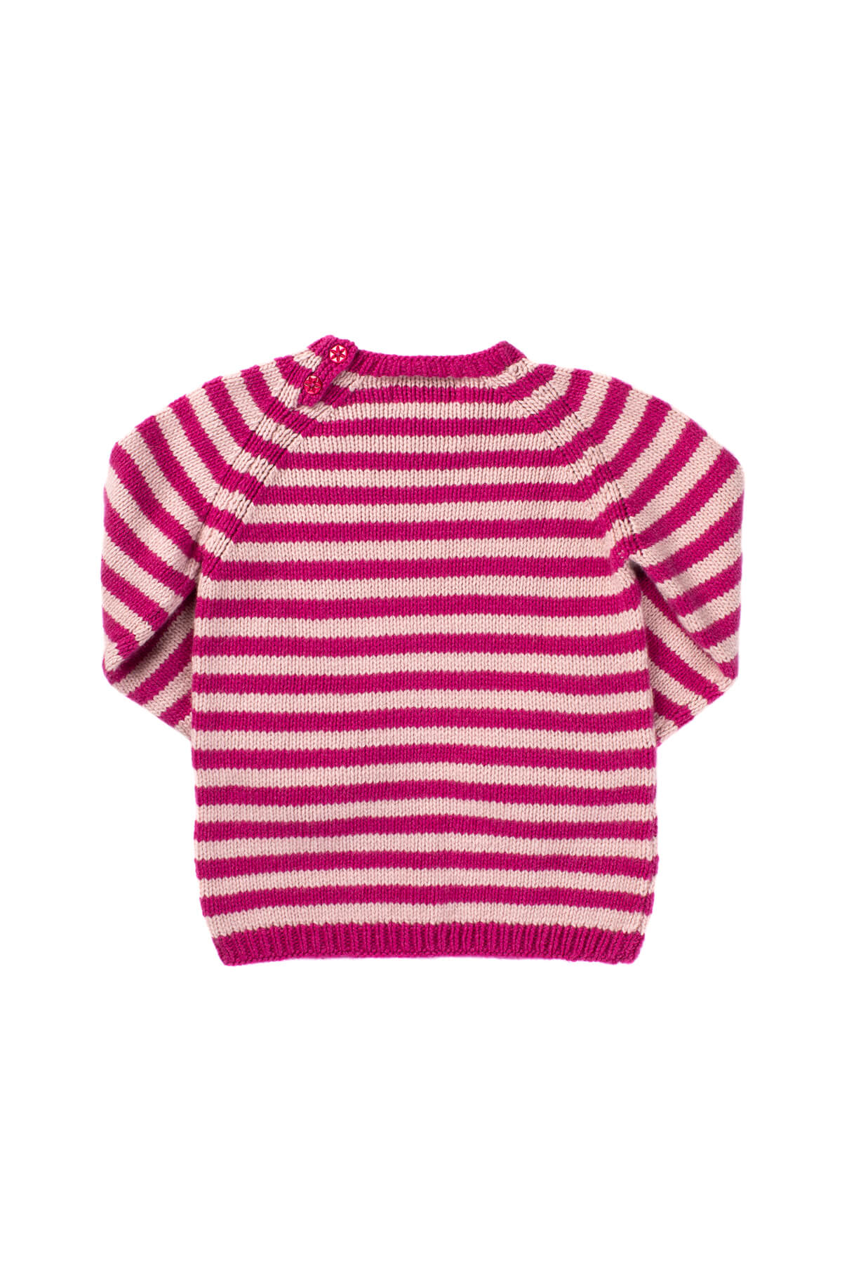 Back of Johnstons of Elgin Stripy Hand Knitted Children's Cashmere Jumper in Fandango & Orchid on white background 76199ZZZ108