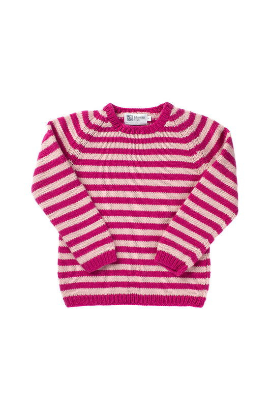 Johnstons of Elgin Stripy Hand Knitted Children's Cashmere Jumper in Fandango & Orchid on white background 76199ZZZ108