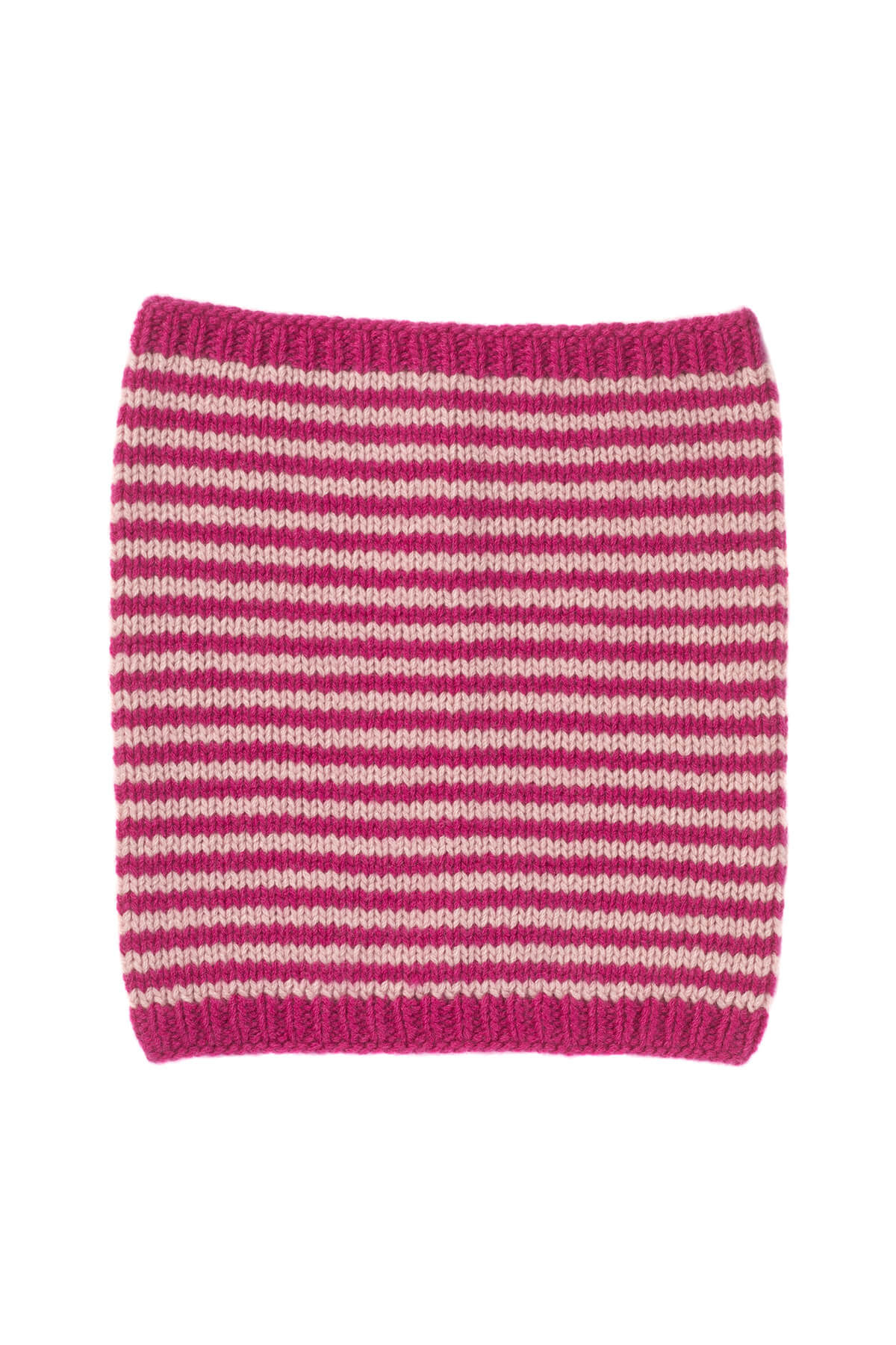 Johnstons of Elgin Stripy Hand Knitted Children's Cashmere Snood in Fandango & Orchid on white background 76198ZZZ108ONE