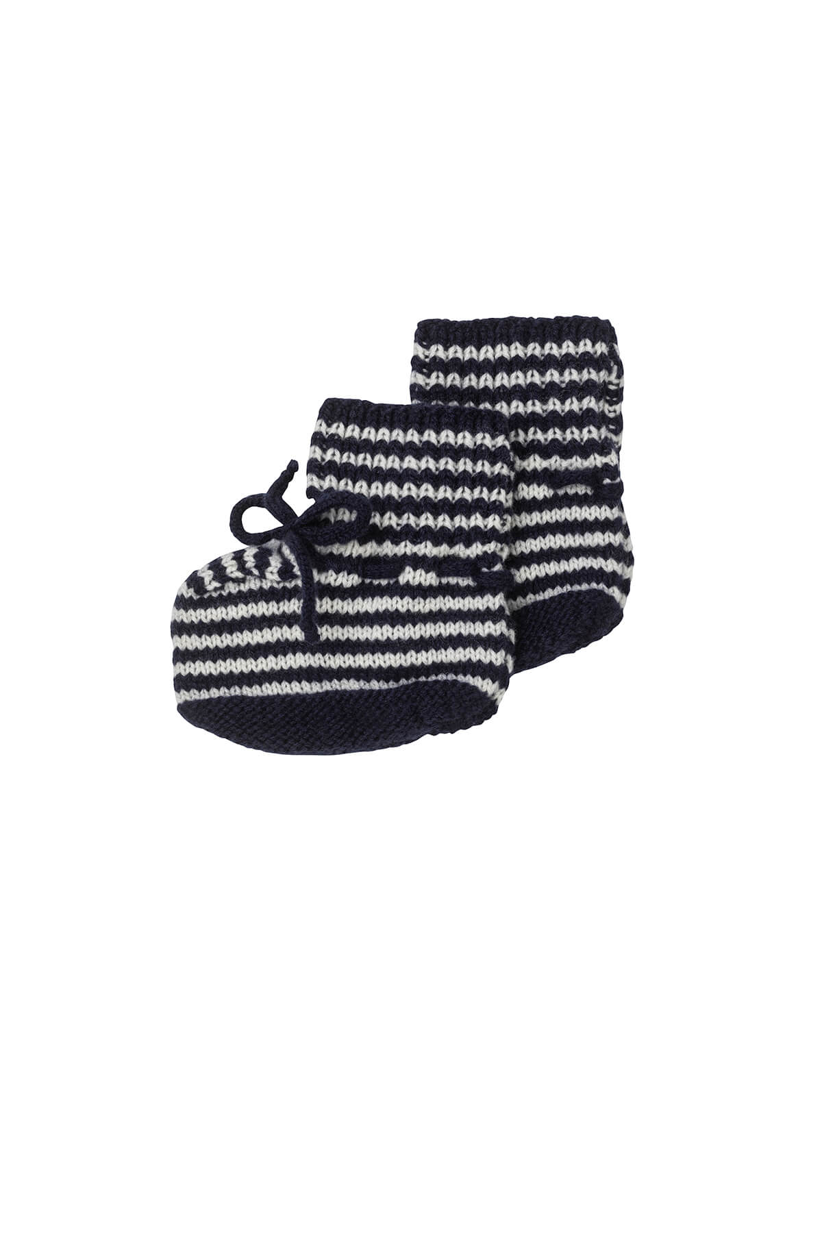 Johnstons of Elgin Hand Knitted Cashmere Baby Booties with crotched trims in Navy & White on a white background 746330333