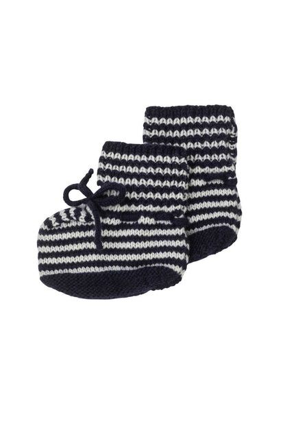 Johnstons of Elgin Hand Knitted Cashmere Baby Booties with crotched trims in Navy & White on a white background 746330333