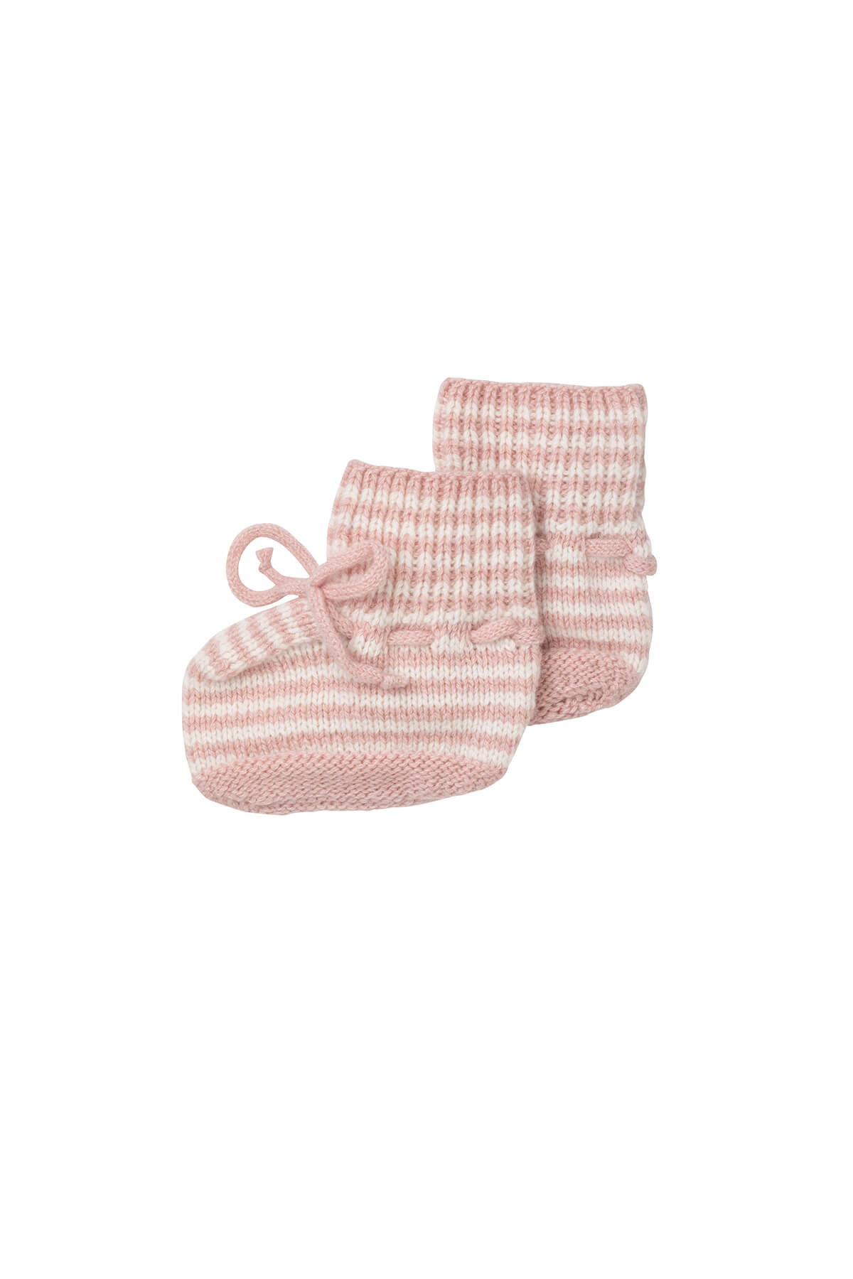 Johnstons of Elgin Hand Knitted Cashmere Baby Booties with crotched trims in Orchid & White on a white background 746333340