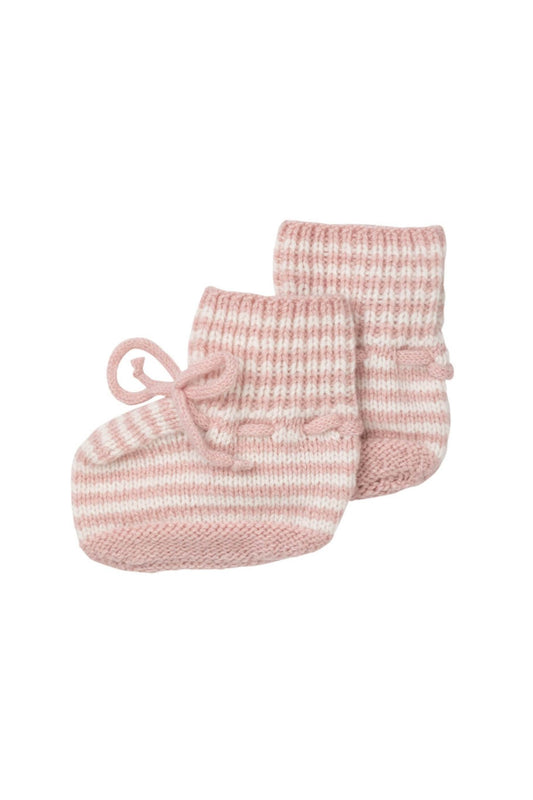 Johnstons of Elgin Hand Knitted Cashmere Baby Booties with crotched trims in Orchid & White on a white background 746333340