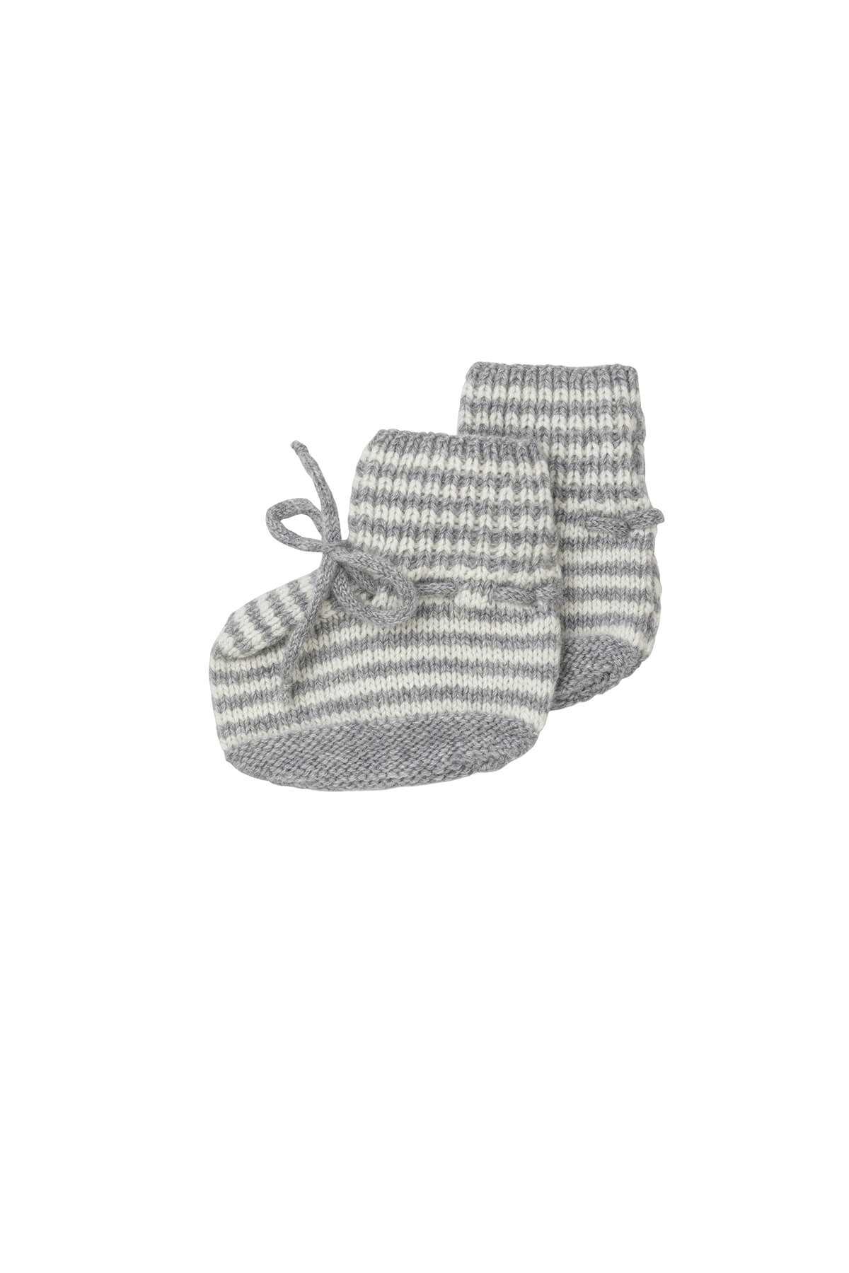 Johnstons of Elgin Hand Knitted Cashmere Baby Booties with crotched trims in Silver & White on a white background 746334243