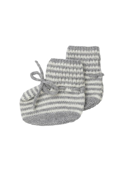 Johnstons of Elgin Hand Knitted Cashmere Baby Booties with crotched trims in Silver & White on a white background 746334243