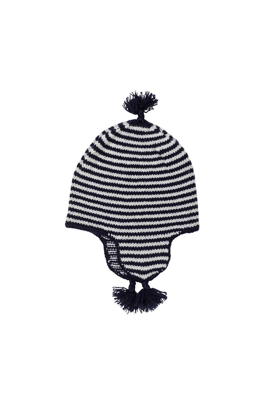 Johnstons of Elgin Hand Knitted Stripe Cashmere Baby Hat, with hand crocheted details in Navy on a white background 746310333