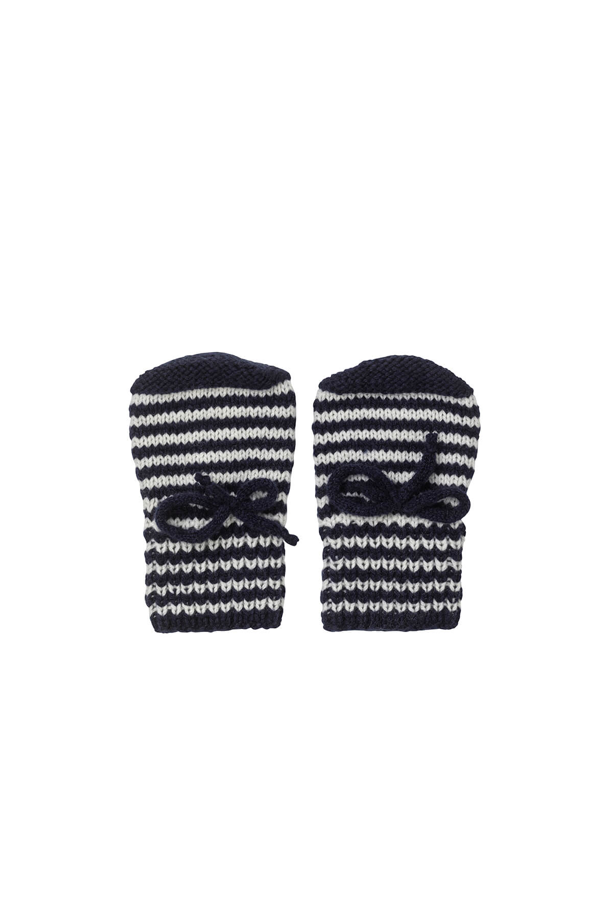 Johnstons of Elgin Hand Knitted Stripe Cashmere Baby Mittens in Navy & White on white background 746340333