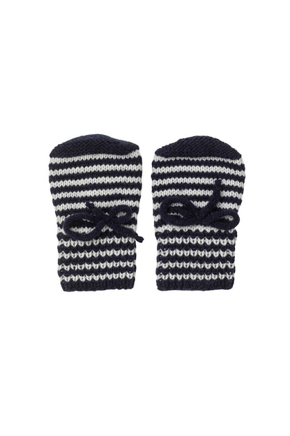 Johnstons of Elgin Hand Knitted Stripe Cashmere Baby Mittens in Navy & White on white background 746340333