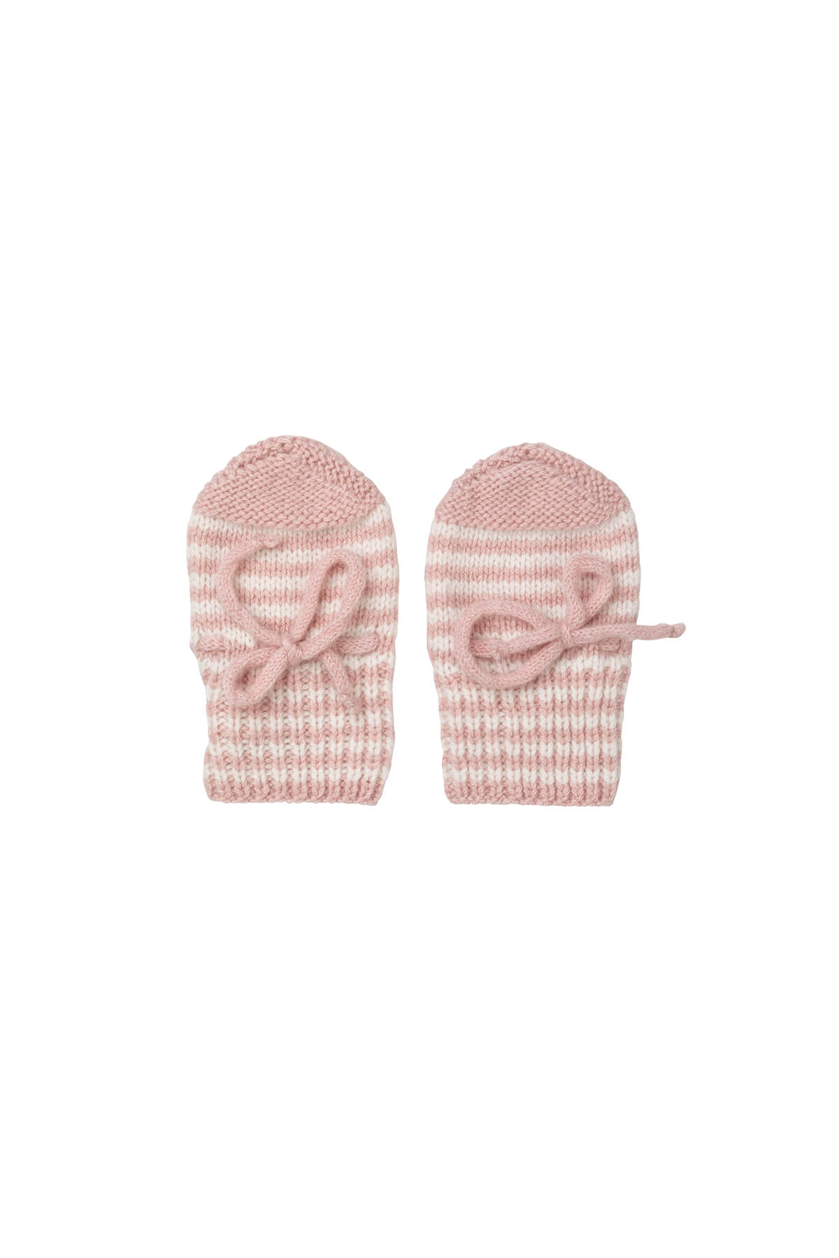 Johnstons of Elgin Hand Knitted Stripe Cashmere Baby Mittens in Orchid & White on white background 746343340