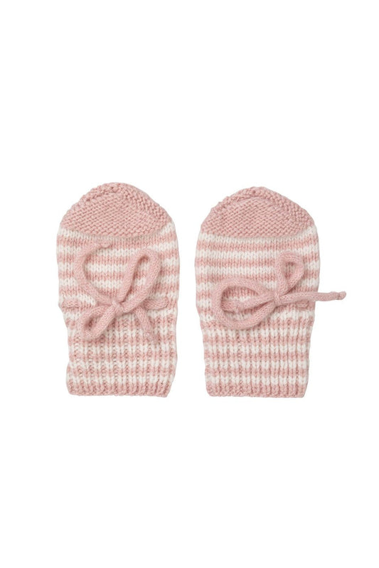 Johnstons of Elgin Hand Knitted Stripe Cashmere Baby Mittens in Orchid & White on white background 746343340