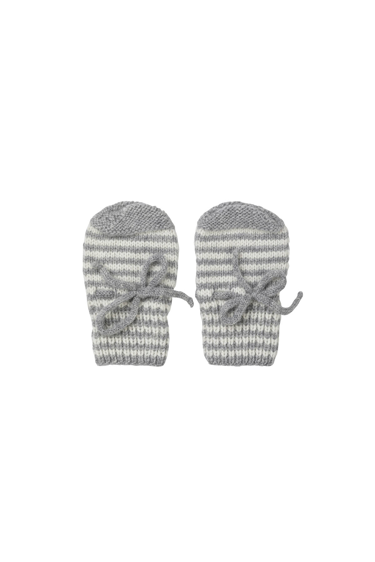 Johnstons of Elgin Hand Knitted Stripe Cashmere Baby Mittens in Silver & White on white background 746344243