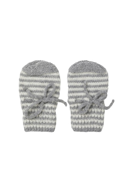 Johnstons of Elgin Hand Knitted Stripe Cashmere Baby Mittens in Silver & White on white background 746344243