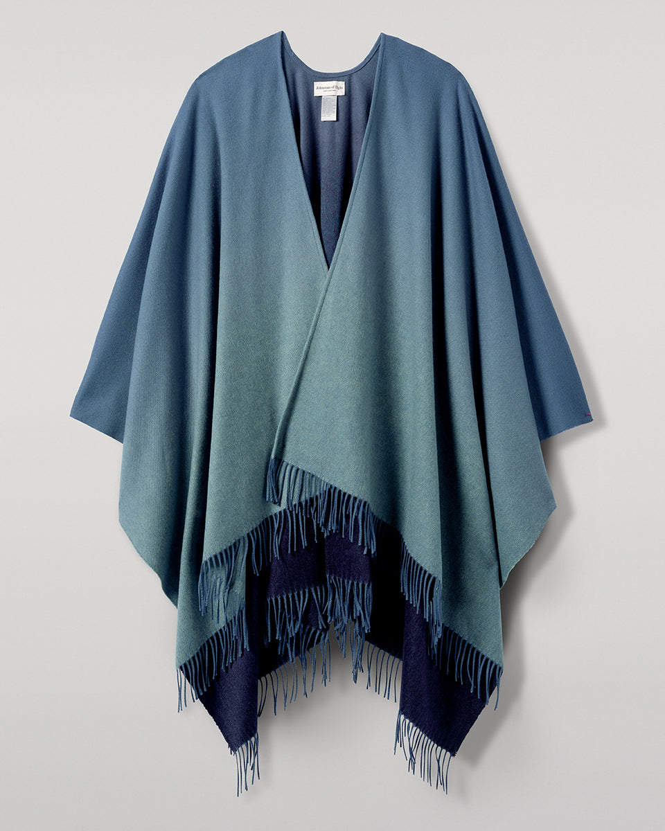 Johnstons of Elgin AW25 Woven Accessories Seascape & Navy Blue Ombré Cashmere Cape Front View TA000360RU7686ONE