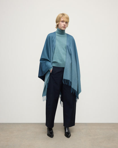 Model wears Johnstons of Elgin AW25 Woven Accessories Seascape & Navy Blue Ombré Cashmere Cape Front View TA000360RU7686ONE