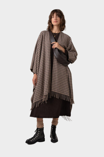 Johnstons of Elgin Cashmere Poncho Cape in Brown gunclub on a grey background TA000501RU7299ONE