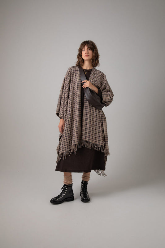 Johnstons of Elgin Cashmere Poncho Cape in Brown gunclub on a grey background TA000501RU7299ONE