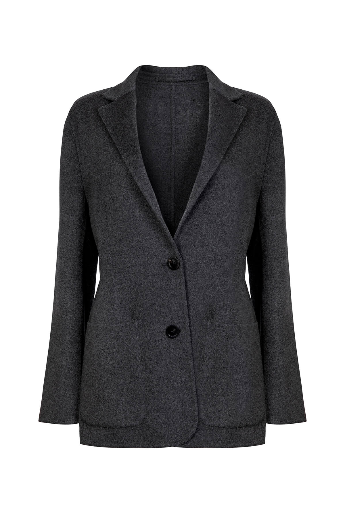 Johnstons of Elgin Women's Cashmere Double Face Boyfriend Jacket in Charcoal on a white background TA000518RU6081