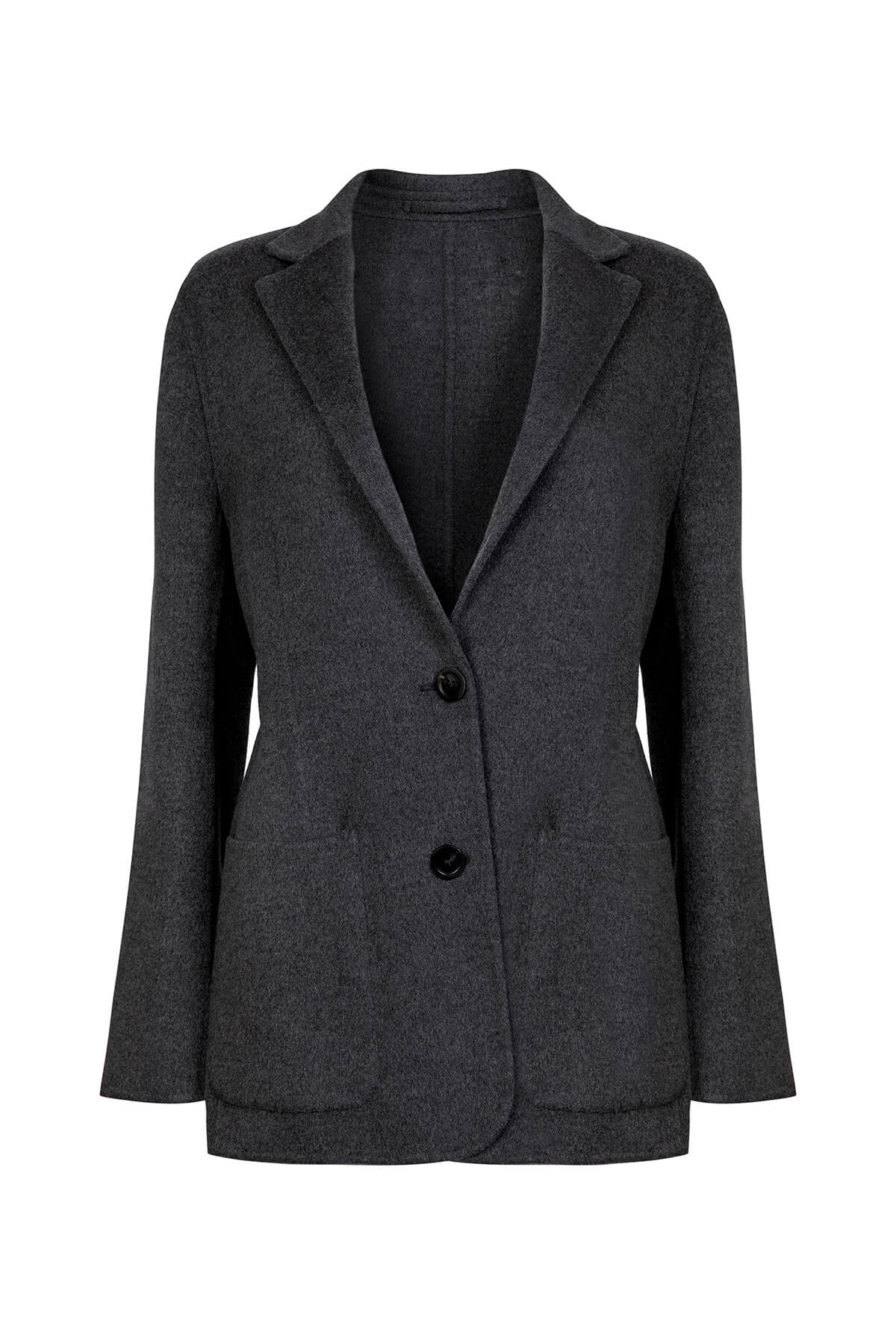 Johnstons of Elgin Women's Cashmere Double Face Boyfriend Jacket in Charcoal on a model TA000518RU6081