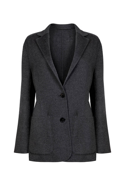 Johnstons of Elgin Women's Cashmere Double Face Boyfriend Jacket in Charcoal on a model TA000518RU6081