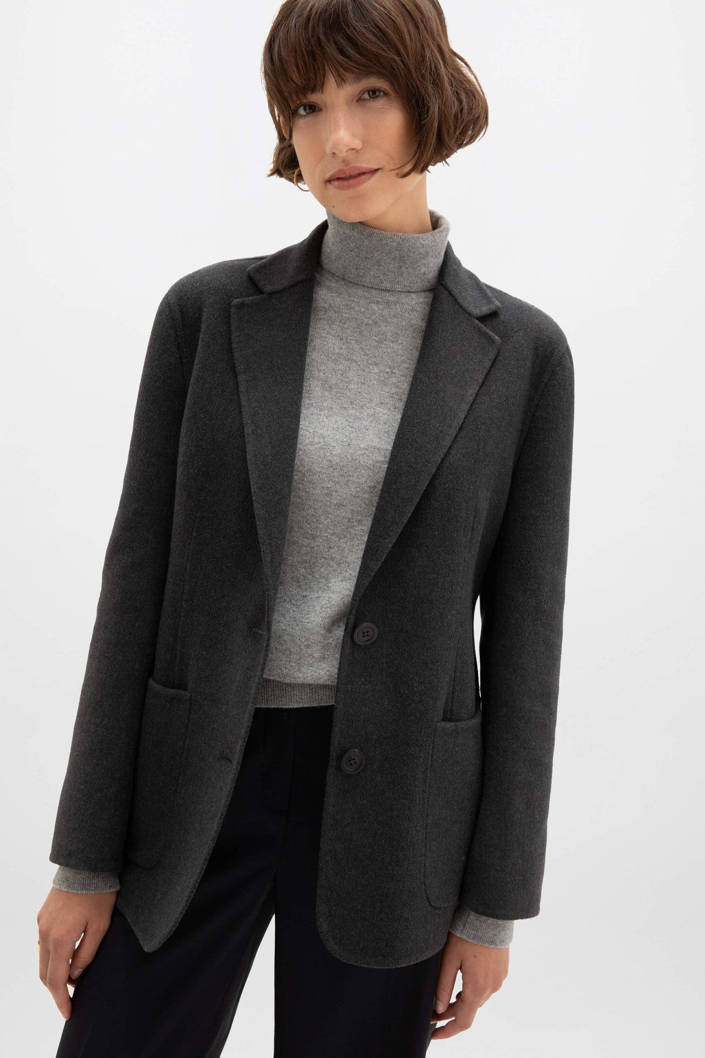 Johnstons of Elgin Women's Cashmere Double Face Boyfriend Jacket in Charcoal on a model TA000518RU6081