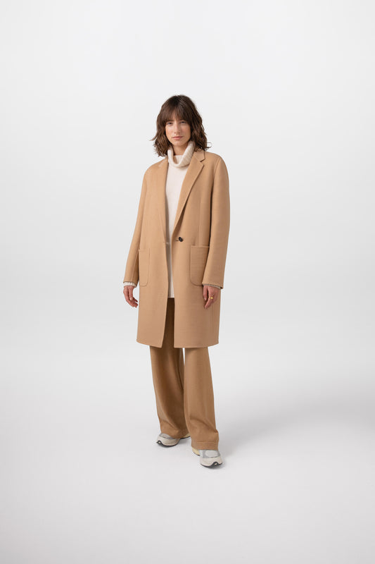 Johnstons of Elgin Women's Cashmere Crombie Coat in Camel on a white background TA000520RU7397