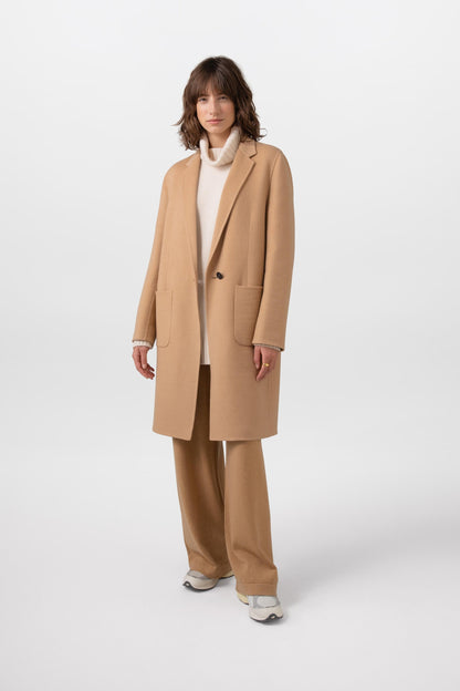 Johnstons of Elgin Women's Cashmere Crombie Coat in Camel on a white background TA000520RU7397