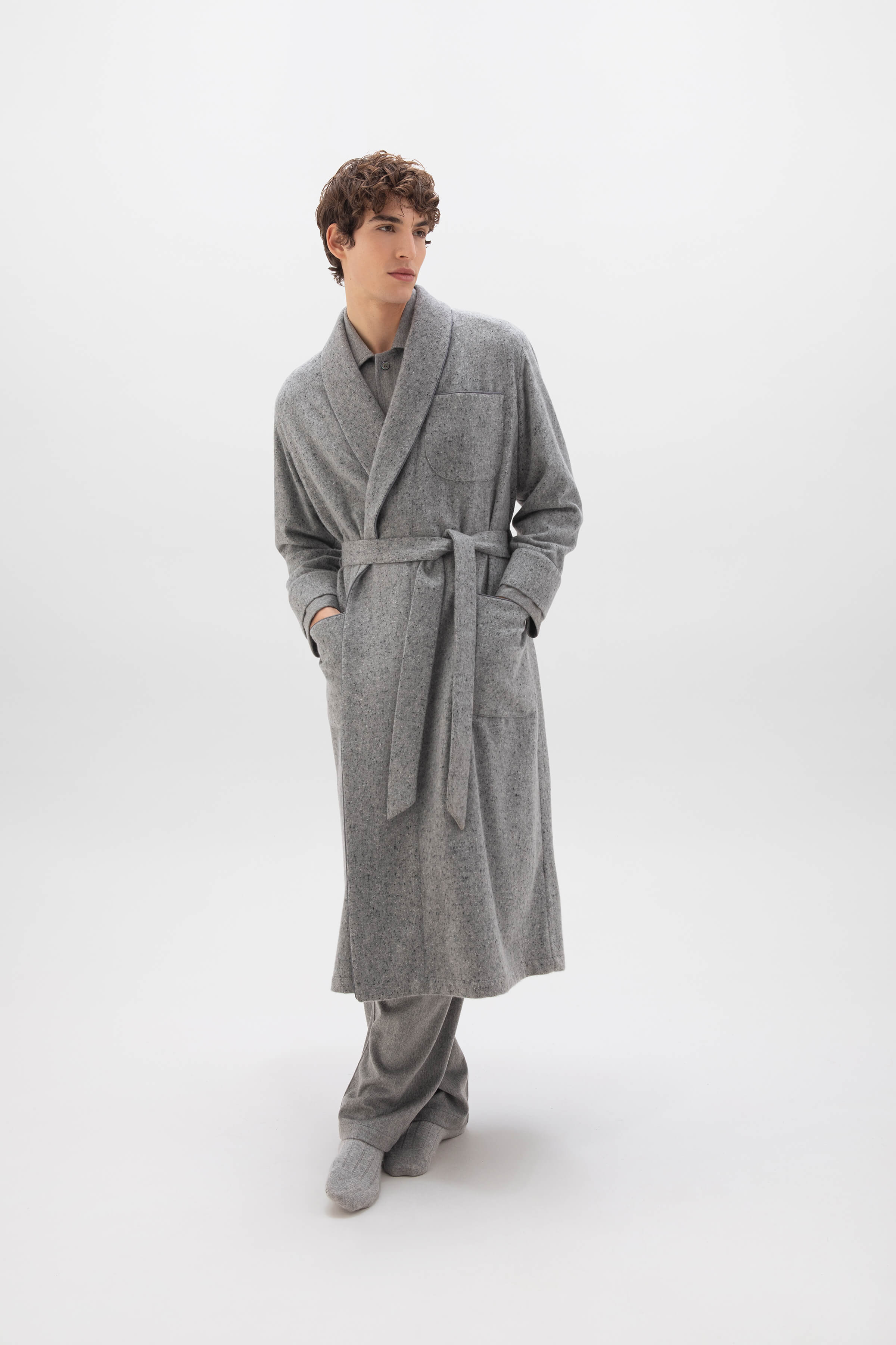 Windowpane Wool Dressing Gown in Charcoal – Budd London