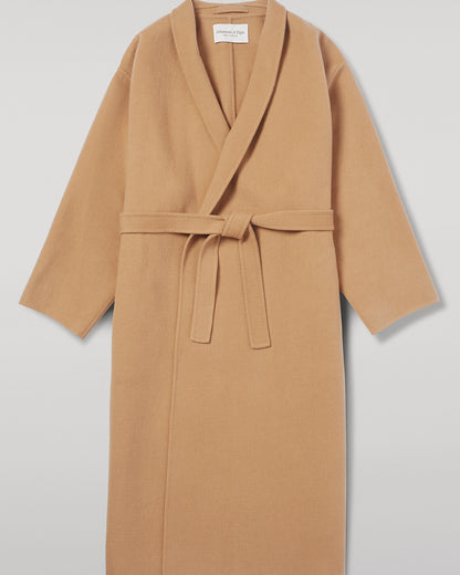 Model wears Johnstons of Elgin Women's Tailoring Camel Camel Cashmere Wrap Coat Front View  TA000621RU7397