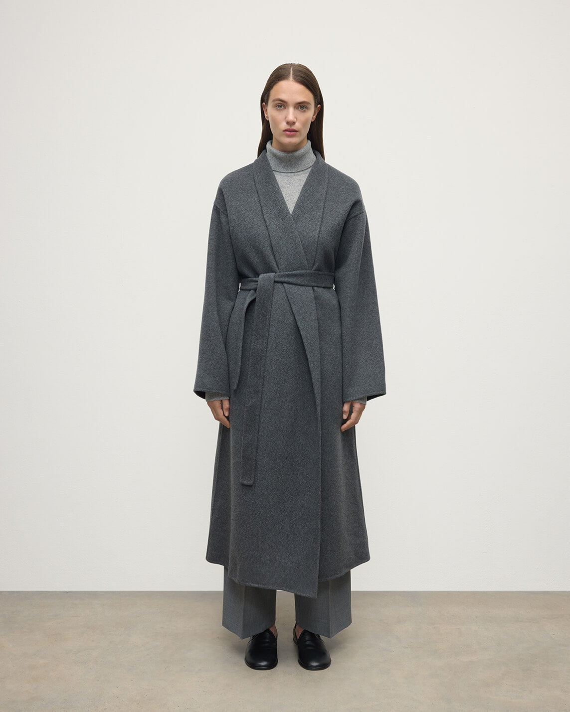 Model wears Johnstons of Elgin Women's Tailoring Mid Grey Grey Cashmere Wrap Coat Front View TA000621RU7292