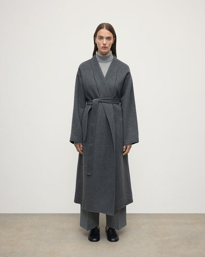 Model wears Johnstons of Elgin Women's Tailoring Mid Grey Grey Cashmere Wrap Coat Front View TA000621RU7292