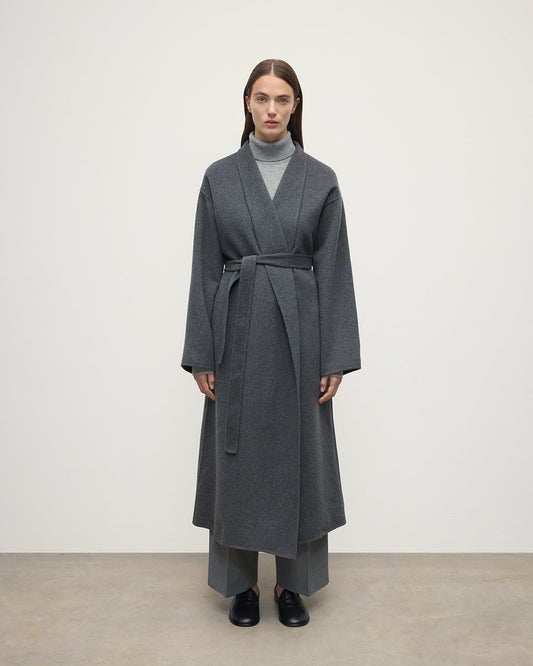 Model wears Johnstons of Elgin Women's Tailoring Mid Grey Grey Cashmere Wrap Coat Front View TA000621RU7292