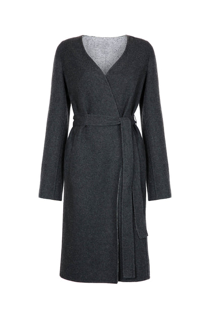 Johnstons of Elgin Women’s Cashmere Donegal Collarless Coat in Charcoal & Light grey on a white background  TA000544RU6081