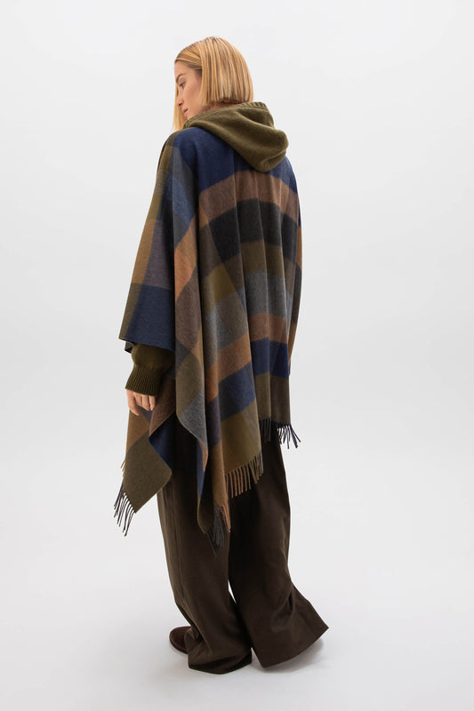 Johnstons of Elgin AW24 Woven Cashmere Cape in Olive Navy Multi   TA000360RU7533ONE
