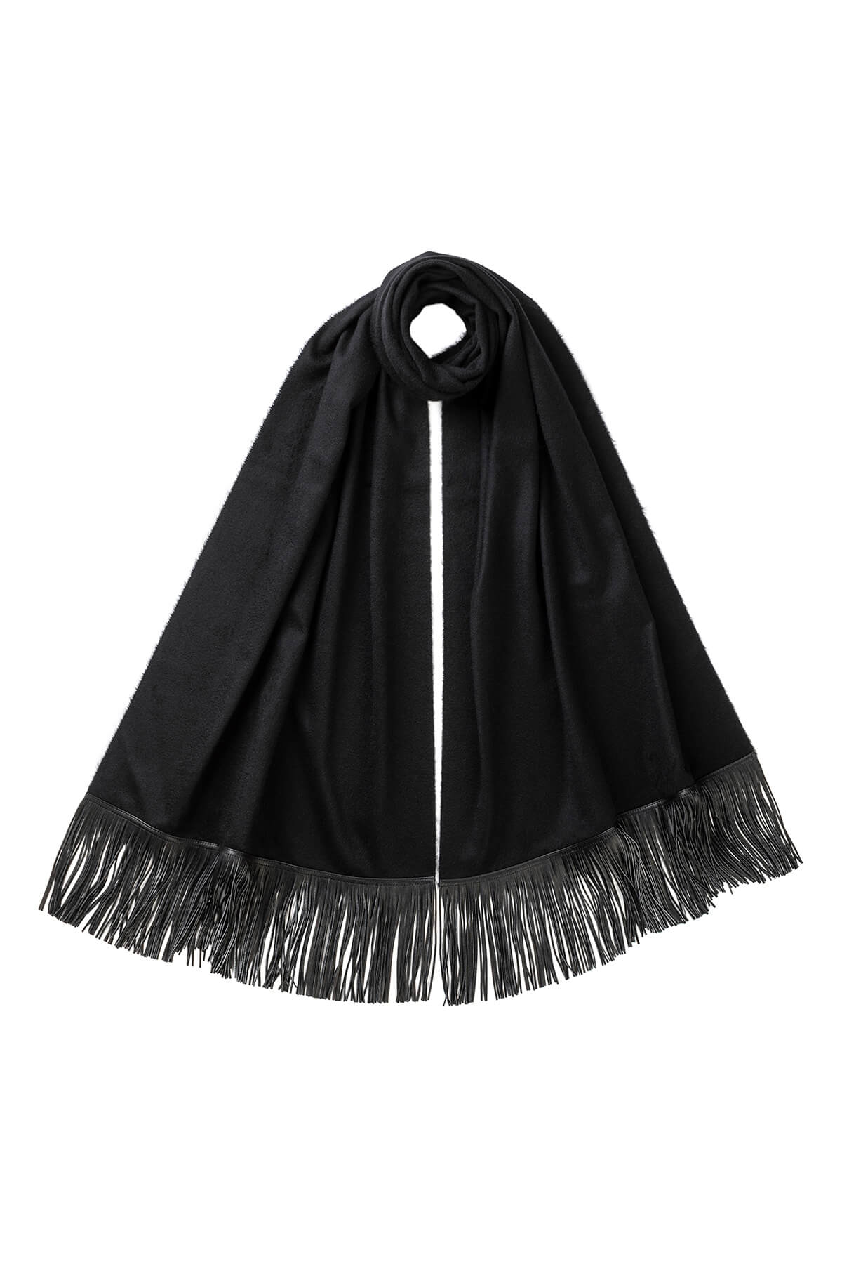 Johnstons of Elgin Black Cashmere Stole with Leather Fringe on a white background TA000448SA0900ONE