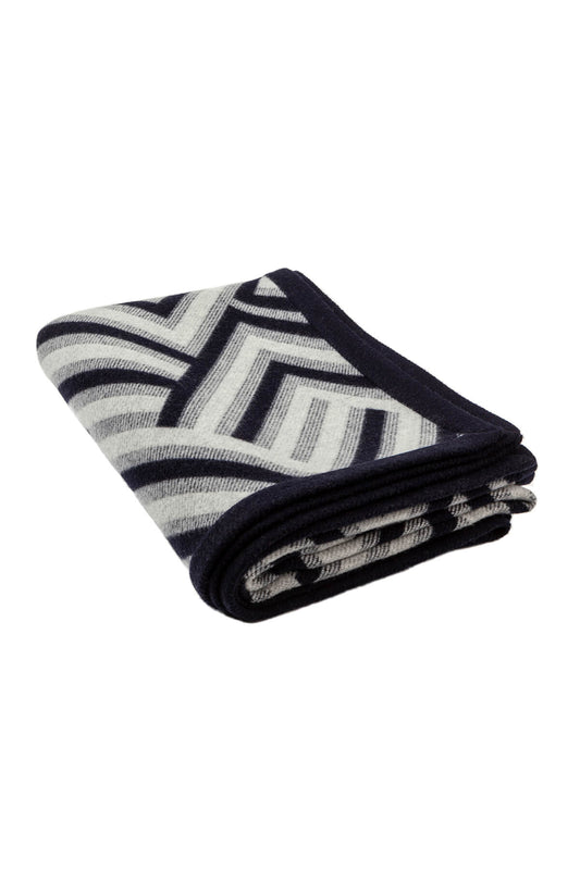 Johnstons of Elgin Merino Cashmere Blend Chevron Throw in Navy & Silver on a white background TB000470RU6997ONE