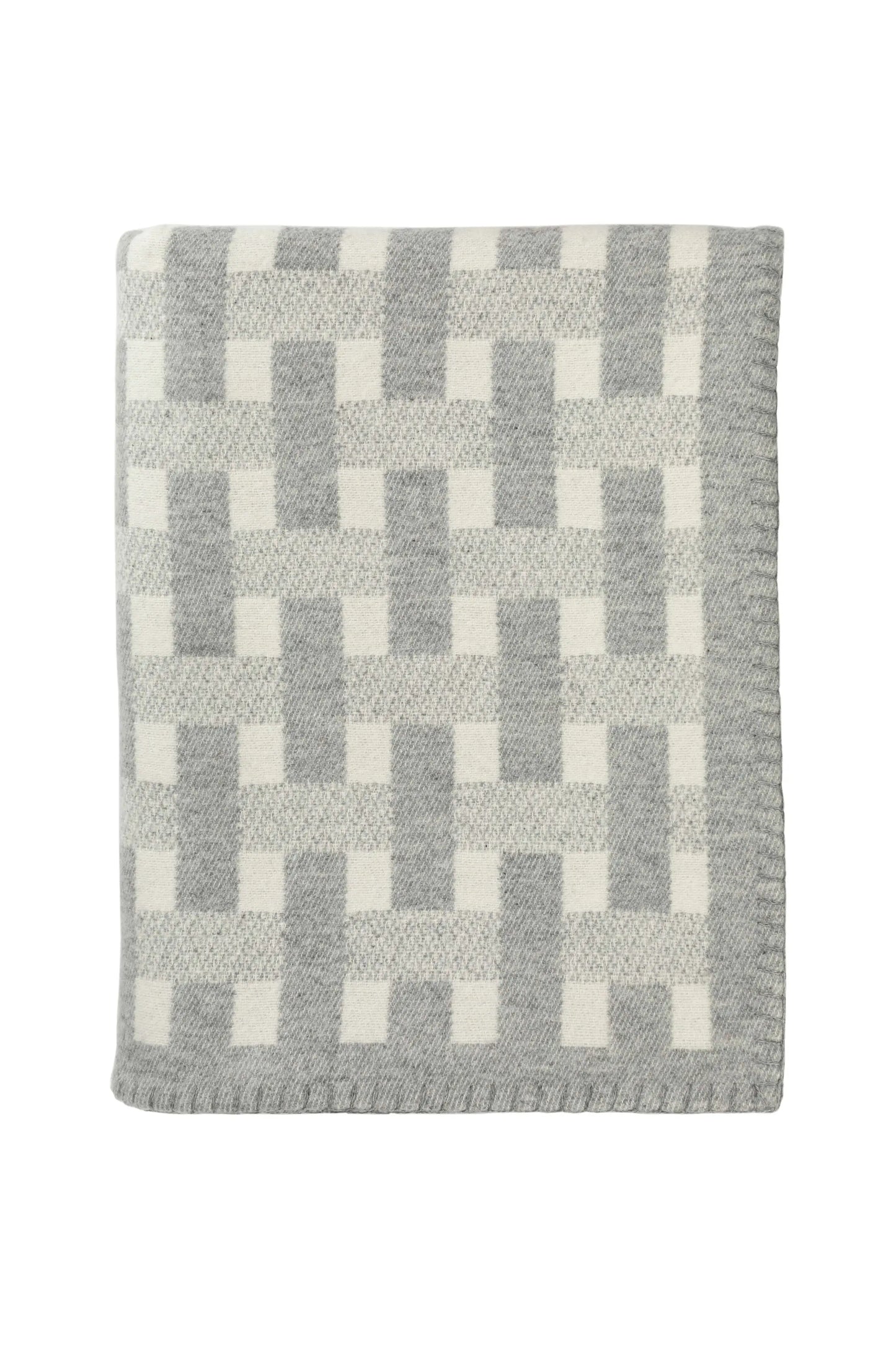 2025 Johnstons of Elgin Interiors Collection Light Grey & White Blanket Stitched Basketweave Throw on a white background  TB000500RU7442ONE