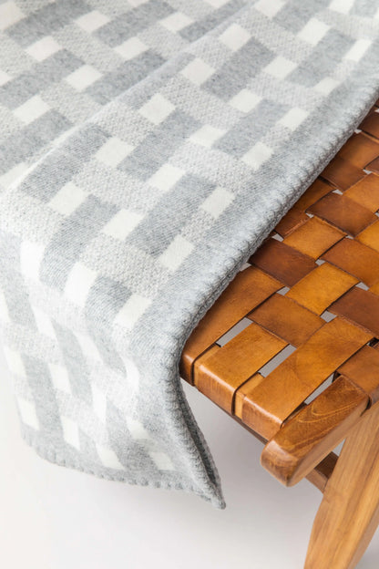 2025 Johnstons of Elgin Interiors Collection Light Grey & White Blanket Stitched Basketweave Throw detail shot  TB000500RU7442ONE