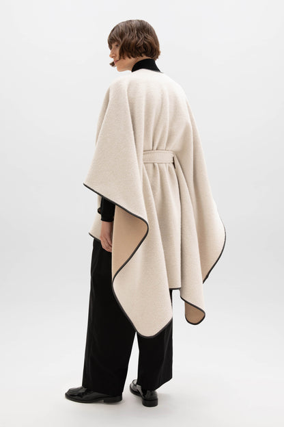 Johnstons of Elgin AW24 Woven Accessory Ecru & Oatmeal Belted Cape with Leather Binding TB000696RU7544ONE