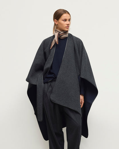 JOHNSTONS OF ELGIN WOMENS BELTED CAPE WITH LEATHER BINDING CHARCOAL & NAVY 90% WOOL, 10% CASHMERE TB000696RU7825ONE